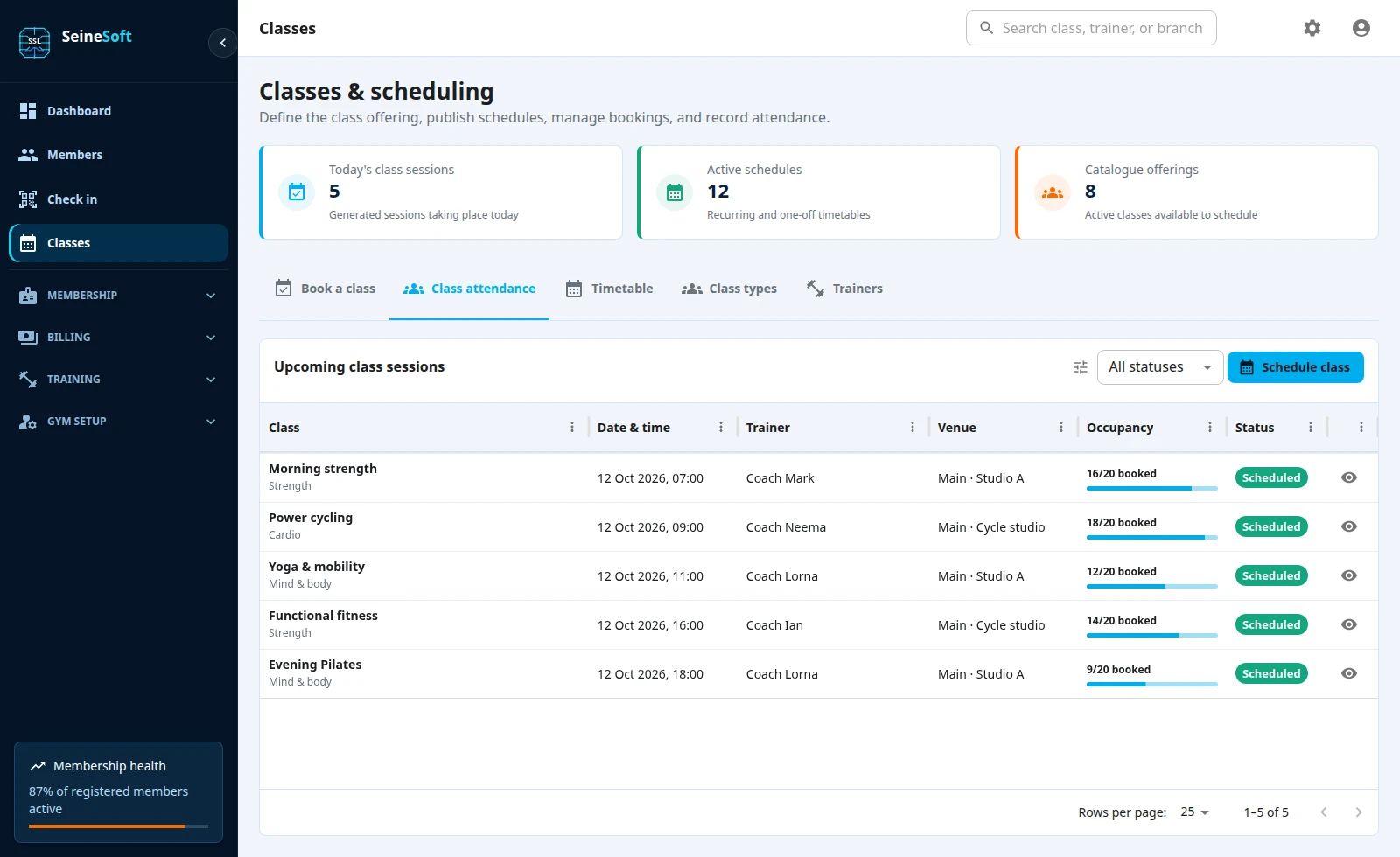 Seine Gym classes & bookings workspace.
